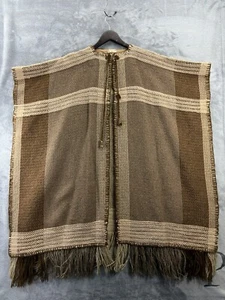 Hand Woven By Olga Shawl Cape Cover Jacket Coat Blanket Poncho Brown Striped - Picture 1 of 18
