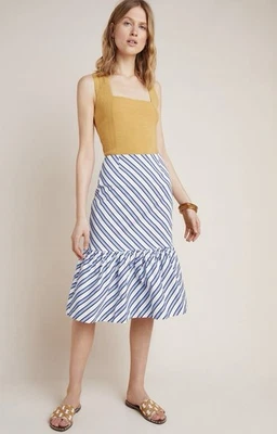 Falda midi Anthropologie Maeve Ryanne con volantes azul blanco a rayas talla 6 Foto 1 de 4