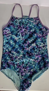SPEEDO Girls Large Purple Abstract One Piece Swimsuit Racerback UPF 50+ Modest - Picture 1 of 9