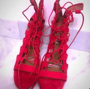 AQUAZZURA SANDALS AMAZON 105 Red SUEDE LACE-UP BOOTIES 40.5 US 10 - Picture 1 of 6