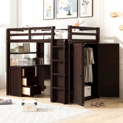 Solid Wood Loft Bed with Desk and Wardrobe Storage Cabinet Twin Size Bed Frames  - Image 1 of 4