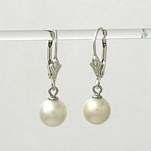 Sterling Silver Fleur De Lis Leverback White Pearl Earrings - Picture 1 of 3