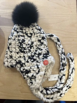 Sombrero grueso de lana merino Mischa Lampert Nolita + XL piel real pompón blanco/negro - NUEVO Foto 1 de 3