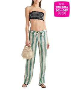 RRP €480 TORY BURCH Linen Straight Trousers Size S Ivory Striped High Waist - Picture 1 of 7