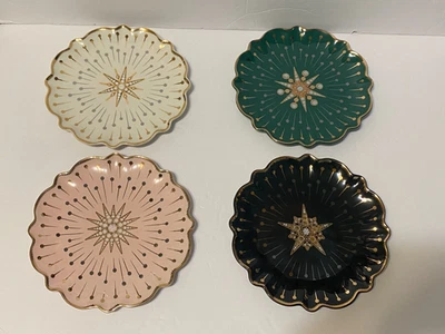 Conjunto 4 pratos de sobremesa Anthropologie Catherine Martin noite estrelada ouro rosa verde - Imagem 1 de 4
