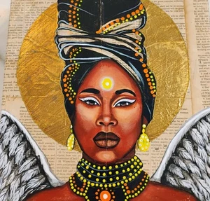 Schiitischer Engel schwarze Bibelseiten Mix Medien Gemälde Wandbild OOAK - Bild 1 von 11