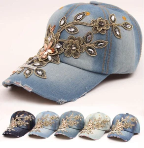 Women's Sunshade Casual Hat Diamond Flower  Denim Baseball Peaked Cap Hat - Picture 1 of 17