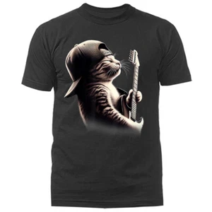 Cat Playing Guitar Rock Music Band Funny Animals Graphic T-shirt - Picture 1 of 17