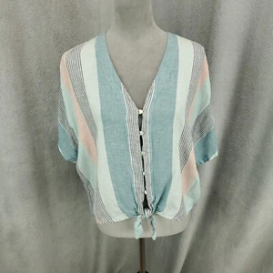 Rails Top Women Large Blue White Peach Striped Tie Front Button Up Cropped - Picture 1 of 11