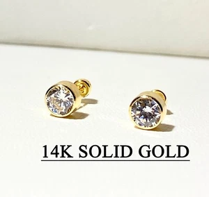 Solid 14K Gold basket 1ct Brilliant round stud Gold 5mm Dainty earring For Women - Picture 1 of 10