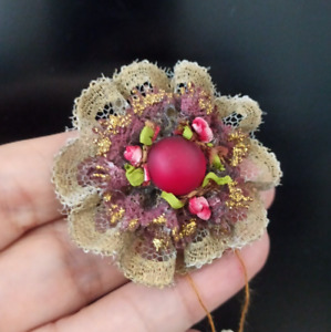 Michal Negrin Brooch Lace Flower Pin Rose Red Dome Glass Romantic Victorian VTG