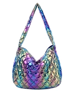 Hologram Puffer Quilited Shoulder Bag Tote Bag Padded Lightweight Hobo Bag Purse - Picture 1 of 4