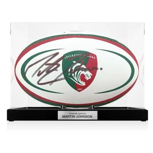 Martin Johnson Signed Leicester Tigers Rugby Ball. Display Case With Plaque - Picture 1 of 4