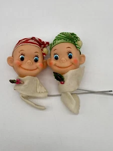 2 Vintage Christmas Rubber Face Rosie Cheeks Elf Hat Kitschy Felt Pick Japan - Picture 1 of 14