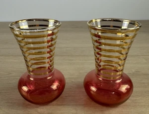 Vintage Pink & Gold Stripe Bud Vase. 1950’s. Bartlett Collins 3.5" x 2" Set of 2 - Picture 1 of 7