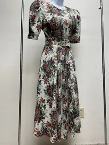 Vintage Tamaron Floral Button Up Shoulder Padded Dress w/ Waistbelt & Pockets - Picture 1 of 9