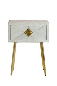 Bone Inlay Bedside Table, Night Stand Table 1 Drawer Optical Design White Home - Picture 1 of 7