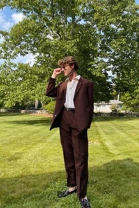 Men Dark Brown Three Button Blazer Leisure Party Prom Groom Tuxedo Wedding Suit - Picture 1 of 8