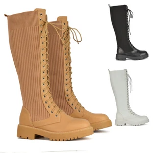 Womens Knee High Boots Ladies Ryder Lace Up Stretch Sock Biker Long Boots 3-8 - Picture 1 of 29