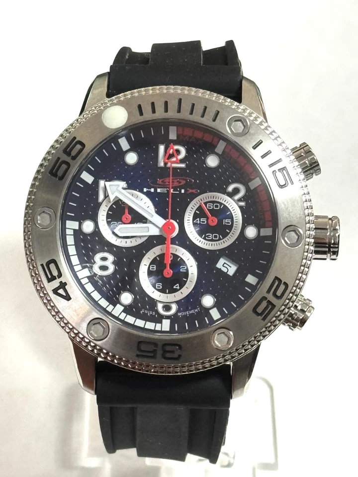 HELIX男士腕表Okto Chrono瑞士300M潜水员黑色橡胶手表 — 第 1/1 张图片