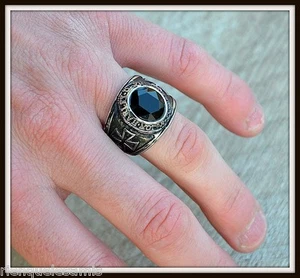 Signet Ring Cross & Big Black Rhinestone~Size 8 To 13 (Gothic Punk Biker - Picture 1 of 3