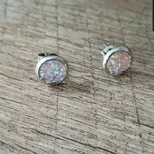 8mm faux Druzy Stud Earrings Pink Rose Steel Boho Hippie Geode Cream Beige New - Picture 1 of 6