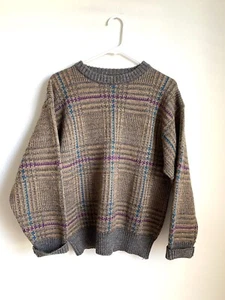 Vintage 1980’s Roots Scotland 100% Wool Brown Plaid Cozy Organic Sweater - Picture 1 of 10