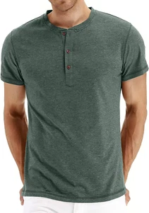 Mens Henley Short Sleeve T-Shirt Cotton Casual Shirt - Picture 1 of 12