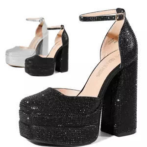 Women Ankle Strap Square Toe Platform Wedding Party Rhinestone Pump Shoes - Picture 1 of 14