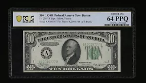 DBR 1934-B $10 Boston Vinson Fr. 2007-A PCGS-B 64 PPQ Serial A40019777B - Picture 1 of 2