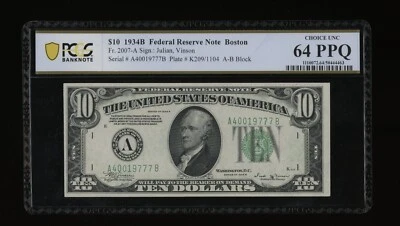 DBR 1934-B $10 Boston Vinson Fr. 2007-A PCGS-B 64 PPQ Serial A40019777B - Image 1 of 2