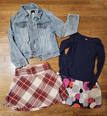 Chaqueta de Jean Gap Talla 7-8, Vestido y Falda Gymboree Talla 8 Con Pantalones Cortos Incorporados Foto 1 de 4