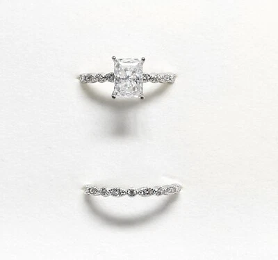 Sterling Silver  Emerald Cut 2.00ct CZ Engagement & Wedding Band Set - Size 7.75 - Image 1 of 4