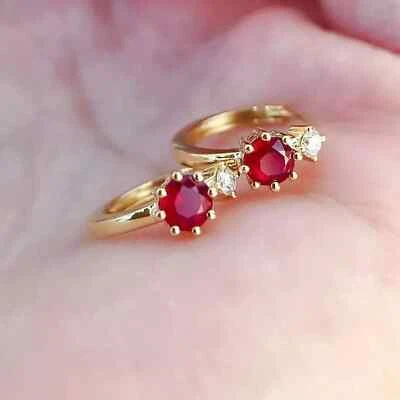 Women's Hoop Earring 14K Yellow Gold Plated 2Ct Round Cut Lab Created Red Ruby - Image 1 of 4