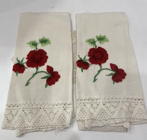 Vintage Embroidered Crewel Red Flowers Kitchen Tea Towel Set Crochet Trim - Picture 1 of 8