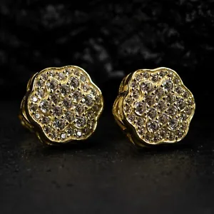 Yellow Gold 925 Sterling Silver Men's Flower Cluster Cz Stud Screw Back Earrings - Picture 1 of 5