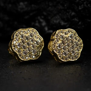 Yellow Gold 925 Sterling Silver Men's Flower Cluster Cz Stud Screw Back Earrings - Picture 1 of 5