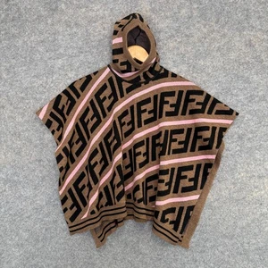 FENDI KIDS Zucca FF Pattern Hooded Cape Poncho Sweater Kids 1 Wool Logo Brown - Picture 1 of 14