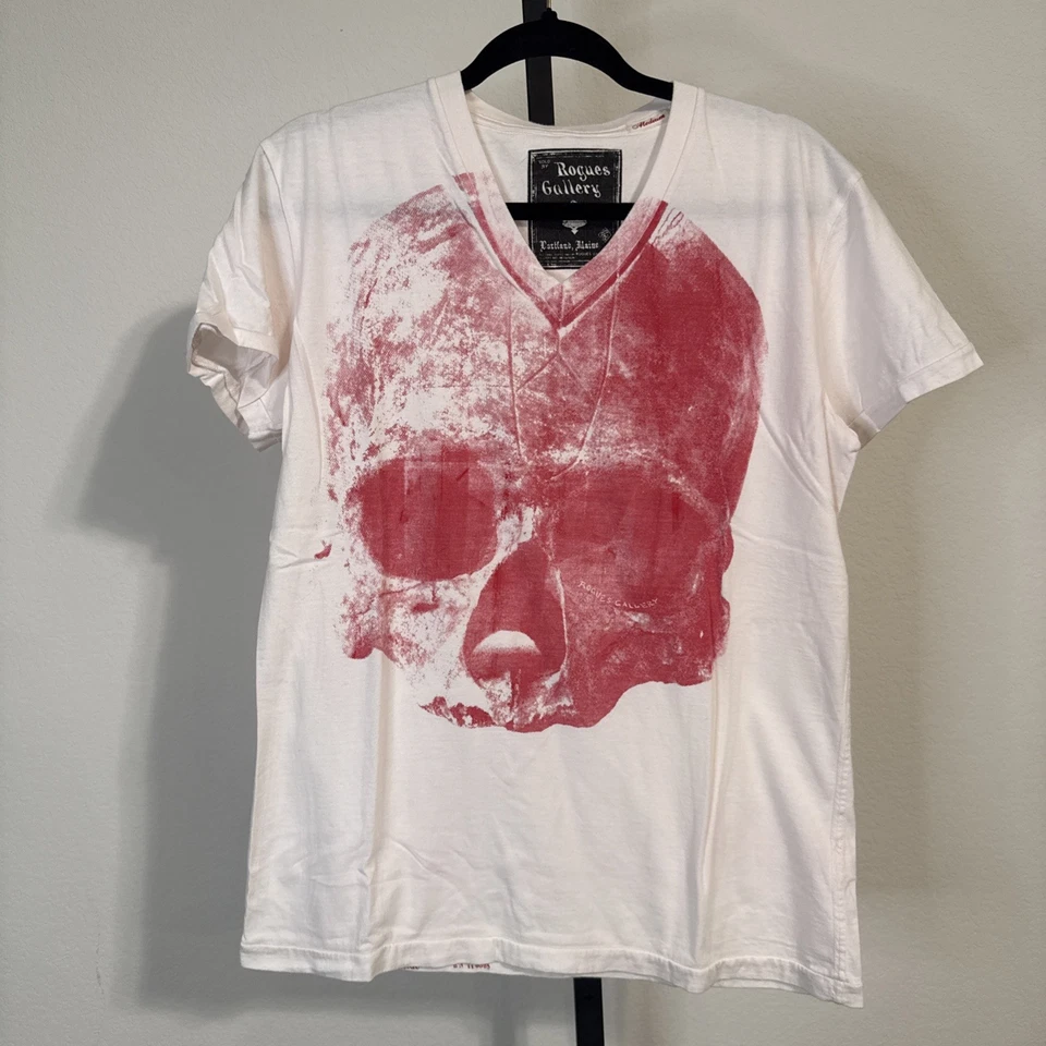 Rare Rogues Red Gallery Excavation Skull V-Neck Tee 100% Cotton Size MED - Image 1 of 4