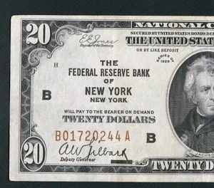 GORGEOUS NEW YORK 1929 $20 NATIONAL CURRENCY NOTE. NO PINHOLES OR TEARS - Picture 1 of 3