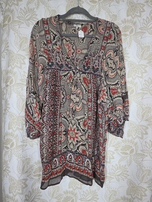 Joie Semi Sheer Paisley Peasant Balloon Sleeve Tunic Top Brown Pink Boho Gypsy M - Image 1 of 4