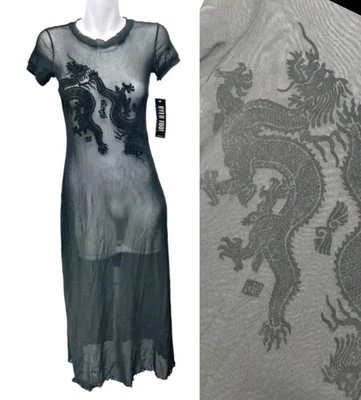 Byer 90s Sheer Chinese Dragon Velvet Burnout Whimsigoth Dress Womens L Black - Image 1 of 4