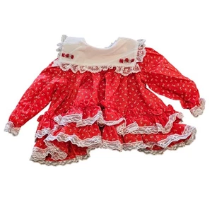 Vintage 1990s Jo Lene Baby Girls Sz 12M Long Sleeve Dress Red White Lace - Picture 1 of 5