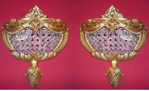 Pair Hand Beaded Antique Replica Crystal Chains Brass PETITE Ornate Wall Sconces Cover