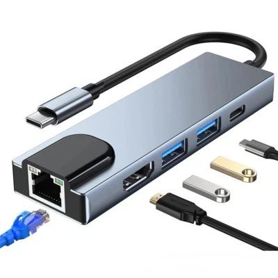 5in1 USB C HUB auf HDMI 4K LAN RJ45 Ethernet 2 USB 3.0 Schnell-Ladung PD 100W - Image 1 of 4