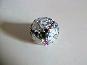 Floral Mound Crystals Enamelware Sterling Silver Woman's Size 7 Statement Ring - Picture 1 of 5