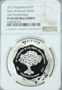 2012 ARGENTINA SILVER 25 PESOS IBERO AMERICAN ANNIV NGC PF 69 ULTRA CAMEO TOP - Picture 1 of 3