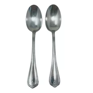 Noritake Stainless Soup Spoons Fleur De Lis Fan Plume Glossy Flatware Japan 2 pc - Picture 1 of 3