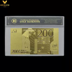 Souvenir Frosted Gold Banknote 200 Euros Bill in Certificate Bag Collection Card - Picture 1 of 7