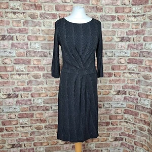 Hobbs Dress Black Grey Animal Print UK 12 Jersey 3/4 Sleeve Ruched Waist Knee - Picture 1 of 13